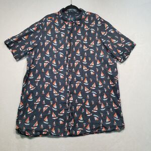 Perry Ellis Mens XLT Tall 100% Linen Shirt Sail Boat Print Navy Blue Camp Beach